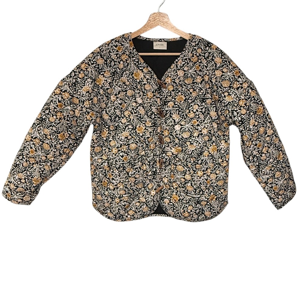 Sonmer Womens Quilted Toggle Jacket Botanical Floral Black Gold Spain Size L